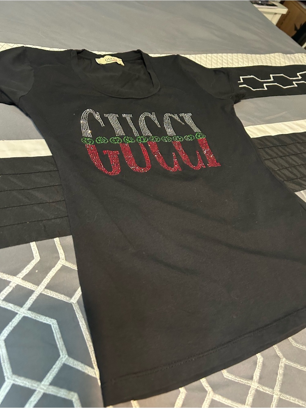 Gucci Black Tee with Red, Green & Silver Crystal Logo
